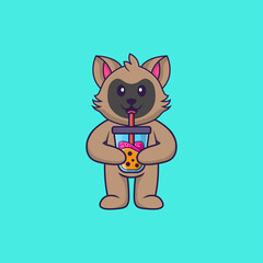Cute cat Drinking Boba milk tea. Animal cartoon concept isolated. Can used for t-shirt, greeting card, invitation card or mascot. Flat Cartoon Style