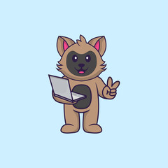 Cute cat holding laptop. Animal cartoon concept isolated. Can used for t-shirt, greeting card, invitation card or mascot. Flat Cartoon Style
