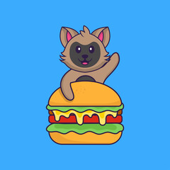 Cute cat eating burger. Animal cartoon concept isolated. Can used for t-shirt, greeting card, invitation card or mascot. Flat Cartoon Style