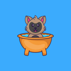 Cute cat taking a bath in the bathtub. Animal cartoon concept isolated. Can used for t-shirt, greeting card, invitation card or mascot. Flat Cartoon Style