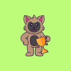 Cute cat holding gold trophy. Animal cartoon concept isolated. Can used for t-shirt, greeting card, invitation card or mascot. Flat Cartoon Style