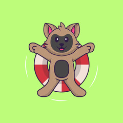 Cute cat is Swimming with a buoy. Animal cartoon concept isolated. Can used for t-shirt, greeting card, invitation card or mascot. Flat Cartoon Style