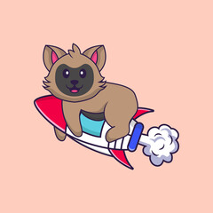 Cute cat flying on rocket. Animal cartoon concept isolated. Can used for t-shirt, greeting card, invitation card or mascot. Flat Cartoon Style