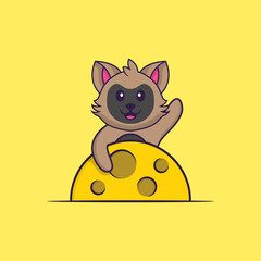 Cute cat is on the moon. Animal cartoon concept isolated. Can used for t-shirt, greeting card, invitation card or mascot. Flat Cartoon Style