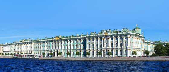 Winter Palace, Hermitage from Neva River in sunny summer day. Panoramic view of Saint Petersburg, Russia