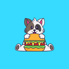 Cute cat eating burger. Animal cartoon concept isolated. Can used for t-shirt, greeting card, invitation card or mascot. Flat Cartoon Style