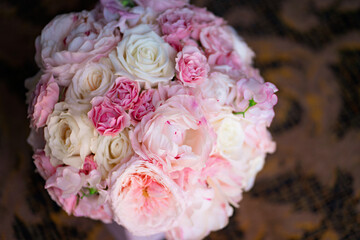 delicate bouquet of white and pink roses. composition of flowers