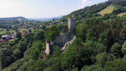 Fototapeta premium summer castle Frýdštejn captured from a drone