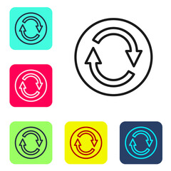 Obraz premium Black line Recycle symbol icon isolated on white background. Circular arrow icon. Environment recyclable go green. Set icons in color square buttons. Vector