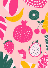 Exotic fruit poster. Summer tropical design with fruit, banana, strawberry, pomegranate, pitaya, cherry, kiwi colorful mix. Healthy diet, vegan food background vector illustration