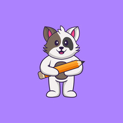 Cute cat holding a pencil. Animal cartoon concept isolated. Can used for t-shirt, greeting card, invitation card or mascot. Flat Cartoon Style