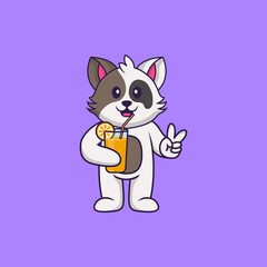 Cute cat holding orange juice in glass. Animal cartoon concept isolated. Can used for t-shirt, greeting card, invitation card or mascot. Flat Cartoon Style