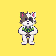 Cute cat holding money. Animal cartoon concept isolated. Can used for t-shirt, greeting card, invitation card or mascot. Flat Cartoon Style
