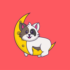 Cute cat is on the moon. Animal cartoon concept isolated. Can used for t-shirt, greeting card, invitation card or mascot. Flat Cartoon Style