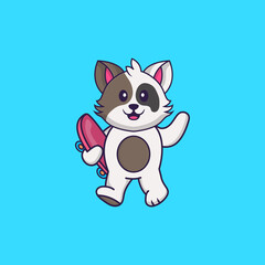 Cute cat holding a skateboard. Animal cartoon concept isolated. Can used for t-shirt, greeting card, invitation card or mascot. Flat Cartoon Style