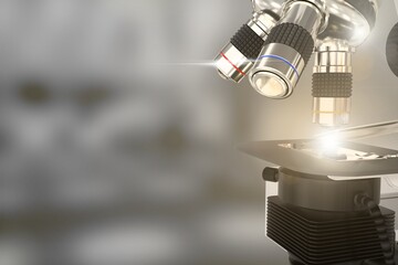 pharmaceutical development concept, object 3D illustration -  lab hi-tech scientific microscope with flare on soft focus background