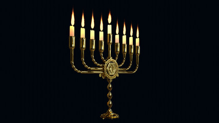 goldish ornamental hanukkah menora shining isolated, creative object 3D rendering