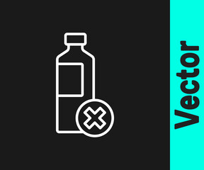 Obraz premium White line No water bottle icon isolated on black background. No plastic bottle. Water bottle ban sign. Vector