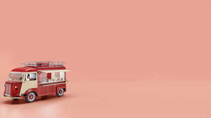 Red food truck with orange background .