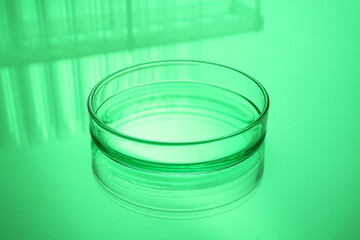 Petri dish with liquid on table, toned in green