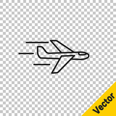 Obraz premium Black line Plane icon isolated on transparent background. Flying airplane icon. Airliner sign. Vector