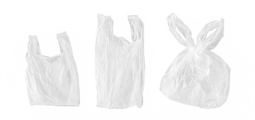crumpled single-use plastic bags isolated on white background, polyethylene plastic, green environment concept, image with clipping path