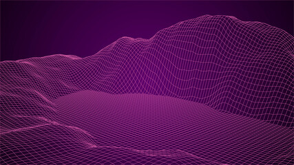 Abstraction. Landscaping of mountains. Wireframe landscape background. 3d sci-fi retro connection background. Futuristic vector illustration