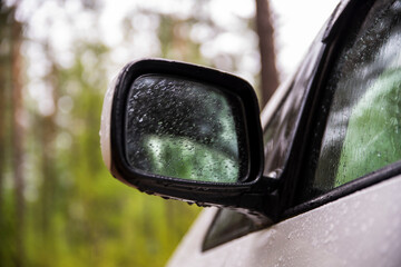 car rearview mirror in drops of water