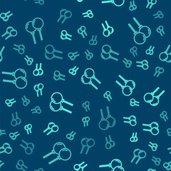 Green line Balloons with ribbon icon isolated seamless pattern on blue background. Vector