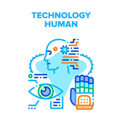 Technology Human Vector Icon Concept. Cyborg Digital Eye, Artificial Intelligence And Robotic Arm, Technology Human. Futuristic Cyber Electronics And Machine System Color Illustration