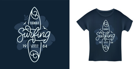 Hawaii surfing hand drawn palms lettering t-shirt design. Lanikai beach text typography. Surfing related apparel design. Vector vintage illustration.