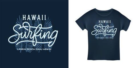 Hawaii surfing hand drawn palms lettering t-shirt design. Lanikai beach text typography. Surfing related apparel design. Vector vintage illustration. - obrazy, fototapety, plakaty
