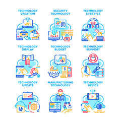 Technology Support Set Icons Vector Illustrations. Technology Device Update And Lifestyle, Vacation Budget And Security, Electronics And Display Factory Manufacturing Color Illustrations