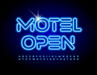 Vector glowing signboard Motel Open. Blue Neon Font. Techno set of Alphabet Letters and Numbers