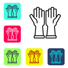 Fototapeta premium Black line Rubber gloves icon isolated on white background. Latex hand protection sign. Housework cleaning equipment symbol. Set icons in color square buttons. Vector