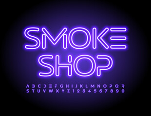 Vector Neon Banner Smoke Shop. Trendy style Font Font. Glowing set of Alphabet Letters and Numbers