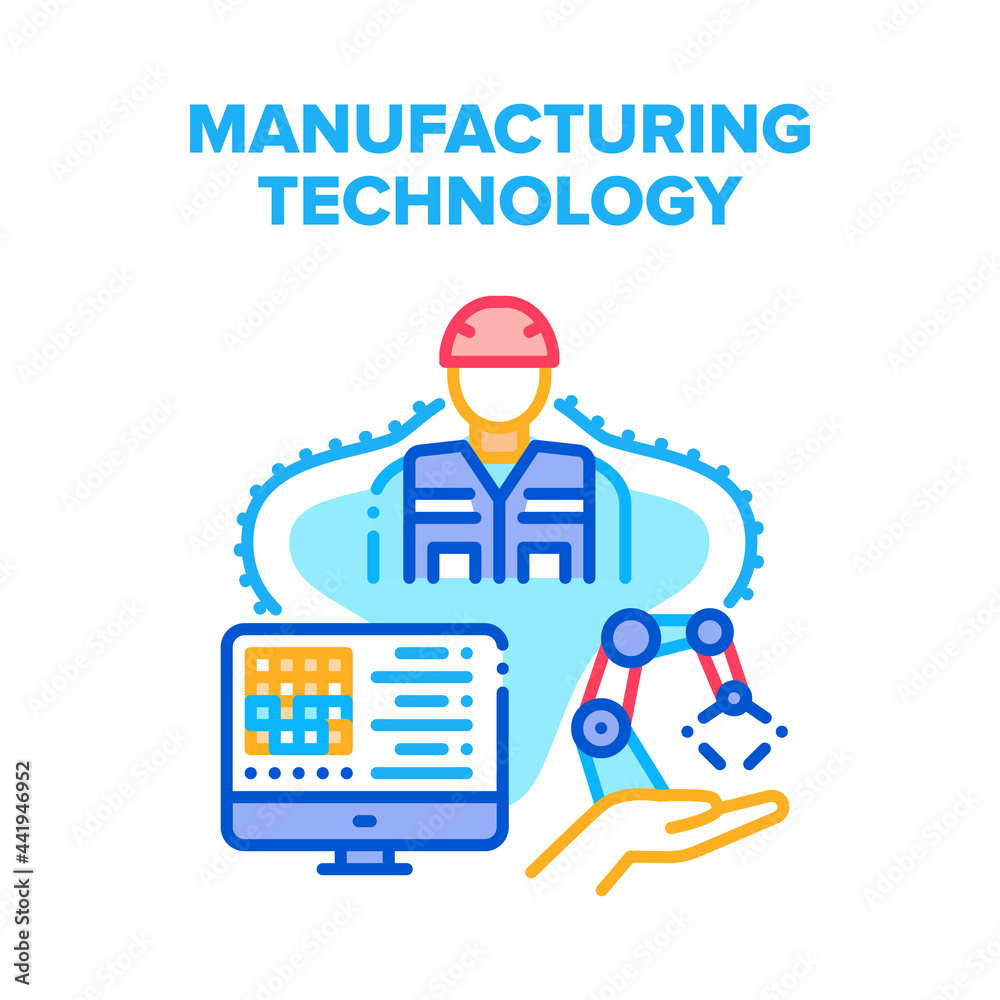 Poster manufacturing technology vector icon concept. worker monitoring and setting on computer screen robot