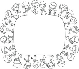 Vector illustration cartoon boy playing musical instruments, pulley, tennis, basketball, football, skating, scooter series border frame card background