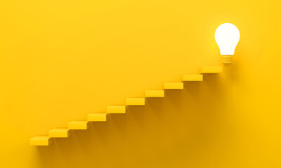 Ascending stairs of rising staircase to bulb light on yellow background.