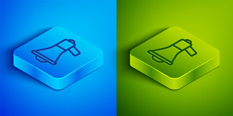Isometric line Megaphone icon isolated on blue and green background. Speaker sign. Square button. Vector