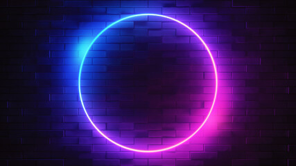 Neon sign on a brick wall. Glowing circle. Abstract background, spectrum vibrant colors. 3d render illustration.