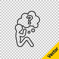 Black line Human head with question mark icon isolated on transparent background. Vector
