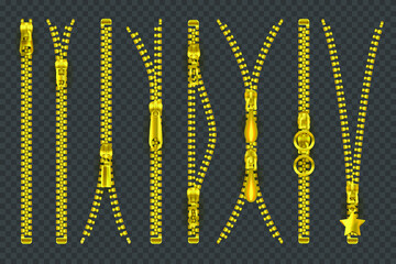 Metalic golden zippers or zip fastener set. Vector clasp locker with golden puller and teeth rows, open and closed. Realistic apparel elements, sewing accessory or item. Zip icons.