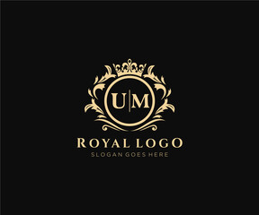Initial UM Letter Luxurious Brand Logo Template, for Restaurant, Royalty, Boutique, Cafe, Hotel, Heraldic, Jewelry, Fashion and other vector illustration. - obrazy, fototapety, plakaty