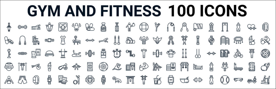 outline set of gym and fitness line icons. linear vector icons such as arms extender,pill and tablet,bodybuilder,standing punching ball,fitness body,power ball,muscles,barbell weightlifting. vector
