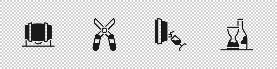 Set Wooden barrel for wine, Gardening scissors, Wine tasting, degustation and Bottle of icon. Vector