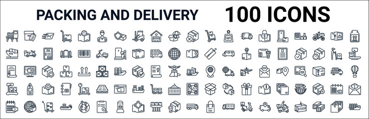 outline set of packing and delivery line icons. linear vector icons such as delivery list,ocean transportation,packages,certificate,logistic ship,weight,qr code,transportation. vector illustration