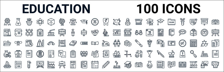 outline set of education line icons. linear vector icons such as experiment flask with leaves,three books,square root in class,open file,communicating vessels,chemical content,book and