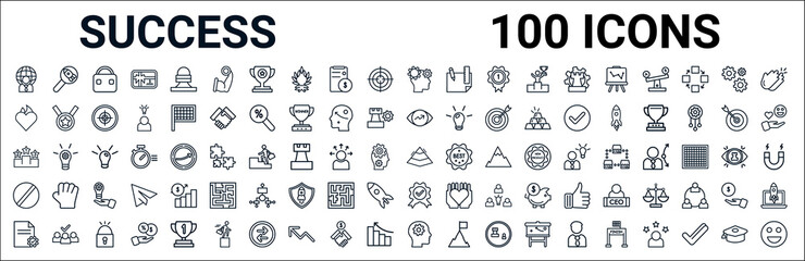 Fototapeta premium outline set of success line icons. linear vector icons such as startup project search,passion,vision,pedestal,pyramid chart,restrict,quality,startup head. vector illustration