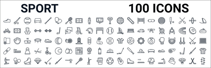 outline set of sport line icons. linear vector icons such as hurling,cycling,softball,yoga,basketball,snowboard,podium,football. vector illustration © Digital Bazaar